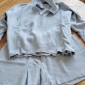Light Blue Ribbed Knit Sweater and Short Set